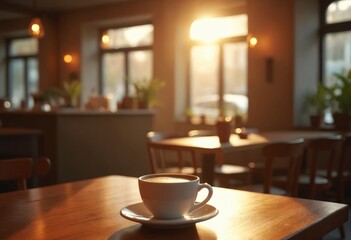 Aufkleber - A cozy coffee shop interior with a warm, inviting atmosphere, featuring a single white cup of coffee on a rustic wooden table, bathed in soft sunlight streaming through large windows