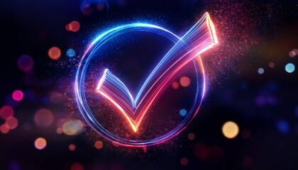 Poster - A vibrant, glowing check mark inside a circular outline, surrounded by colorful bokeh effects, symbolizing approval or completion.