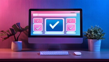 Poster - A sleek computer screen displays a digital checklist with green checkmarks, surrounded by vibrant lighting and decorative plants on a wooden desk.