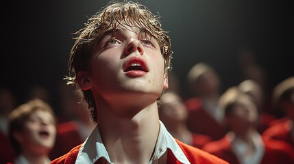 A choir of teenagers singing contemporary Christmas songs at a winter concert 