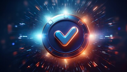 Poster - A glowing blue and orange checkmark icon surrounded by dynamic light effects, symbolizing approval or success in a digital environment.