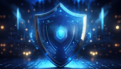 Poster - A futuristic blue shield with digital elements, symbolizing security and protection in a tech-inspired environment.