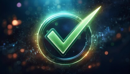 Poster - A glowing green check mark within a circular border, set against a colorful, cosmic background, symbolizing approval and positivity.
