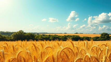 Wall Mural - golden wheat field bathed in sunlight on a clear day with blue skies and fluffy white clouds, sustai