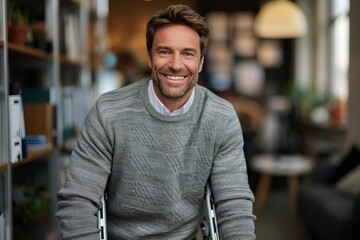 Poster - Happy Disabled Businessman Poses with Crutches in Office Portrait