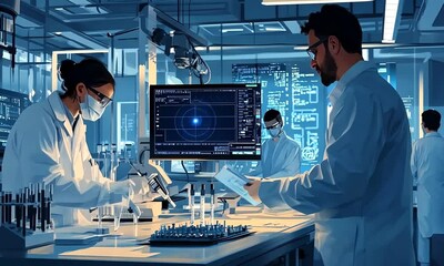 Poster - Scientists in a modern lab analyzing data and conducting research.