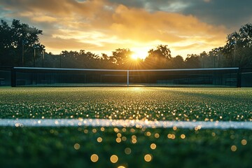 Wall Mural - A tennis court bathed in the golden light of sunrise, with dew drops sparkling on the green grass.