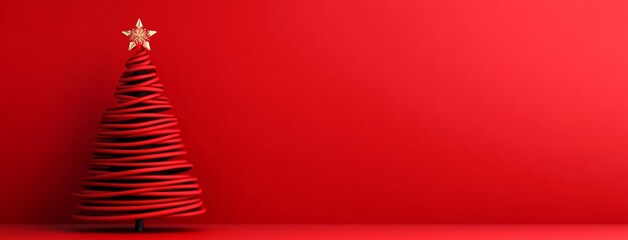Poster - Red Christmas tree with a gold star on top. The tree is made of wire and is placed on a red background