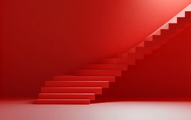 Poster - Red staircase is shown against a red wall. The staircase is made of red blocks and is very tall. The red wall and staircase create a sense of grandeur and importance