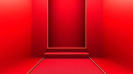 Poster - Red room with a red wall and a red carpet. The room is empty and has a red staircase