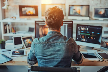 Leinwandbilder - Male Video Editor Working on Computer at His Desk