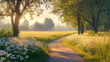 © 沈军 贡 - Beautiful spring landscape with trees and flowers, a path in the middle of the field at sunrise, backlit