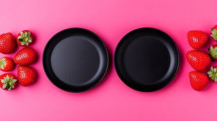 Poster - Two black plates with strawberries on a pink background. The plates are empty. The strawberries are arranged in a row