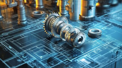 Poster - Detailed Blueprints of Mechanical Gears and Engine Components