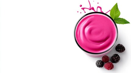 Poster - Bowl of pink smoothie with blackberries and a green leaf. The smoothie is pink and the berries are black