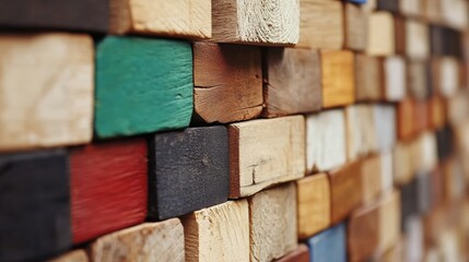 Poster - Wall made of wooden blocks in various colors. The wall is made of wood and has a rustic feel to it