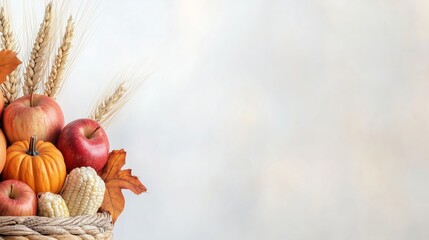 Wall Mural - A woven basket is filled with ripe red apples, a small pumpkin, ears of corn, and wheat stalks