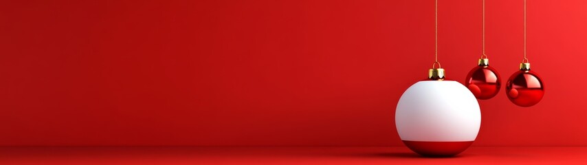 Poster - Red background with three white and red Christmas ornaments hanging from the ceiling. The red background and the white and red ornaments create a festive and joyful mood