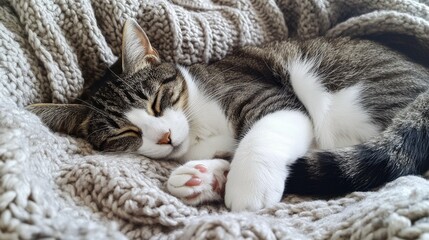 Wall Mural - Sleeping cat on a cozy blanket, relaxed and peaceful, warm and soft, charming and adorable, homely and comforting, indoor pet moment.