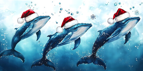 Poster - Adorable watercolor illustration of blue whales wearing Santa hats, symbolizing joy, festivity, ocean life, Christmas spirit, and underwater wonder.