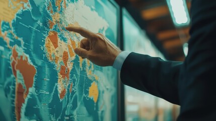 Poster - Businessman Pointing at World Map in Office Setting