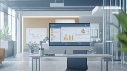 Poster - Modern Office Workspace with Data Analytics Display