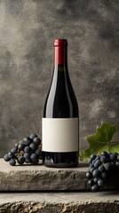 Canvas Print - Red wine bottle with blank label, grapes, and leaves on rustic surface.