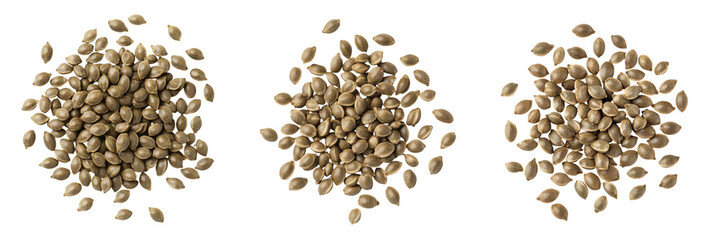 Wall Mural - The image features three distinct clusters of small, tan seeds arranged in circular formations.