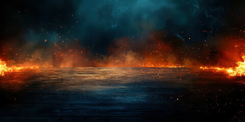 Poster - A dark blue and orange background with a lot of fire