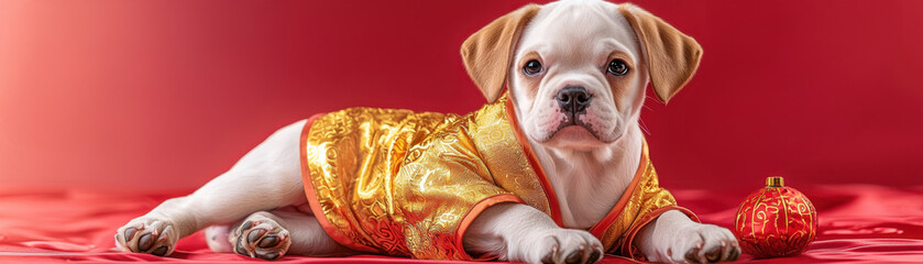 Canvas Print - Pet costume concept for Chinese Lunar New Year. Cute puppy wearing a golden outfit on a red background