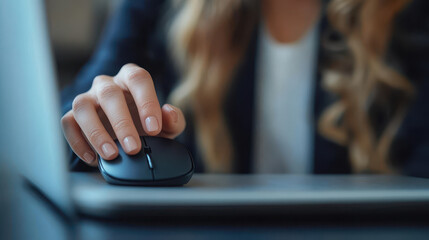 Poster - Business Woman Using Wireless Mouse with Laptop for Online Work and Internet Research