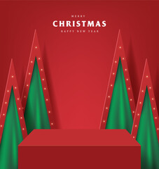 Wall Mural - merry christmas banner with product display table and artificial christmas trees backdrop