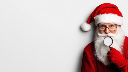 Wall Mural - Man dressed as Santa Claus is holding a magnifying glass, looking intently at something. The image is of a man in a red Santa hat holding a magnifying glass, with a serious expression on his face