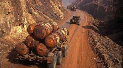 Poster - Military convoy transporting oil barrels through a standard road oil transport industrial setting aerial view logistics operations for seo impact