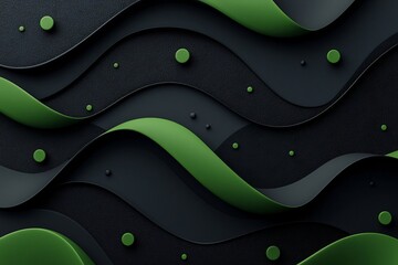 Poster - Captivating abstract background featuring a dark moody surface with a mesmerizing pattern of green dots and fluid wave like lines created through 3D rendering in high
