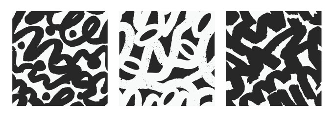 Aufkleber - Seamless abstract pattern with dynamic brushstrokes. Black and white design, endless background, repeating print with squiggles. Textures set for fabric, textile, wallpaper. Flat vector illustration
