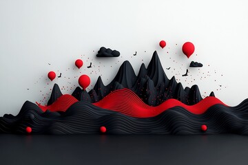 Poster - Dramatic  minimalist landscape featuring a dark  mountainous terrain with a dimensional wave pattern and vibrant red accents  creating a striking  conceptual and futuristic visual