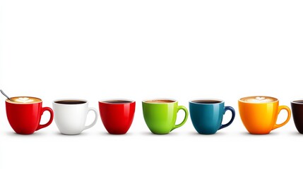 Poster - Row of colorful coffee cups lined up on a white background. The cups are of different colors and sizes, and they are arranged in a straight line. Concept of variety and diversity