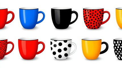 Poster - Row of colorful coffee mugs with polka dots and stripes. The mugs are arranged in a line, with some being red, blue, and yellow, and others having black and white polka dots