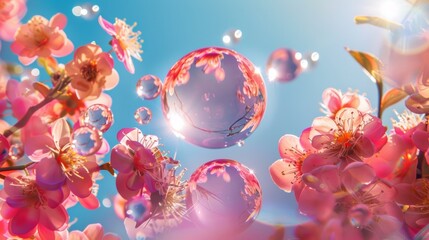 Wall Mural - cherry blossoms and floating bubbles under bright sunlight