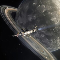 Wall Mural - Spacecraft orbiting a large planet with a glowing full moon in the background, space, planet, orbit, spacecraft, moon