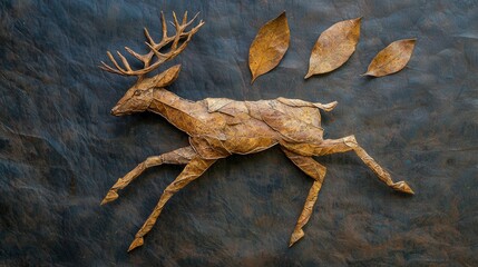 Aufkleber - Dynamic deer sculpture of indian almond leaves art display urban gallery natural materials creative perspective