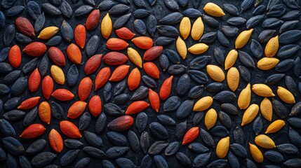 Aufkleber - Creative arrangement of mango seeds in colorful silhouettes artistic display home decor vibrant environment close-up nature's beauty