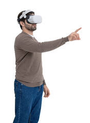 Poster - A man wearing a virtual reality headset points forward, interacting with an unseen interface. Shot on a white background, concept of immersive technology