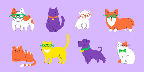 Wall Mural - set of funny pets with accessories.cartoon colorful cats and dogs collection. comic pets bundle.