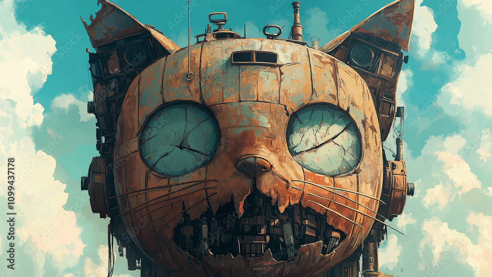Broken and rusty cat robot face part. Illustrations that look like a ...