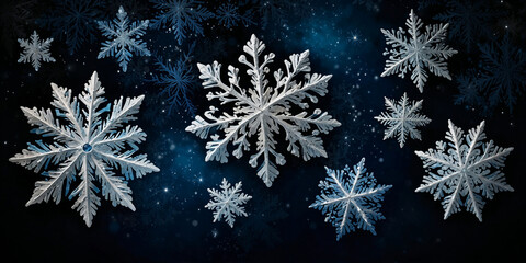 Wall Mural - magical white snowflakes over glitter blue dark background