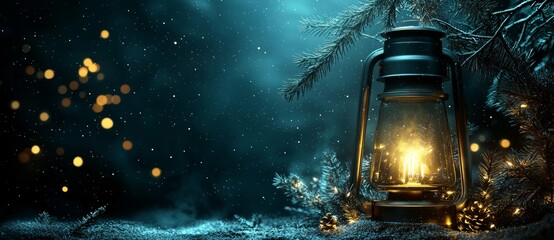 Aufkleber - Against a winter backdrop, a Christmas lantern glows in the sunlight on snow, featuring a fir branch for decoration.
