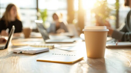 Poster - Collaborative workspace meeting urban cafe coffee break bright environment close-up view productivity boost