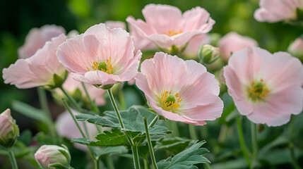 Wall Mural - Delicate Pink Flowers Blooming Gracefully in a Lush Garden Setting with Green Leaves and Soft Light